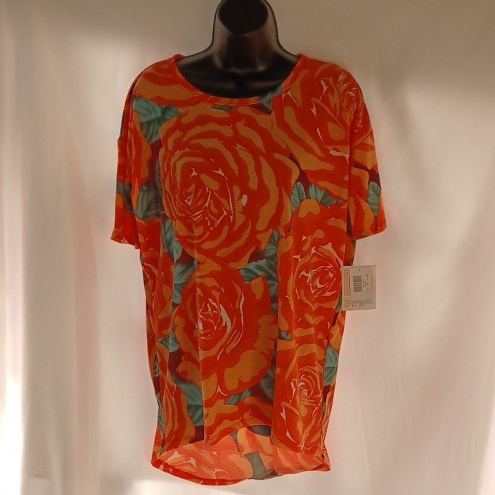 LULAROE - Orange, Green & tan Flower Print "Irma" Tunic Top - Size xxs, high/low